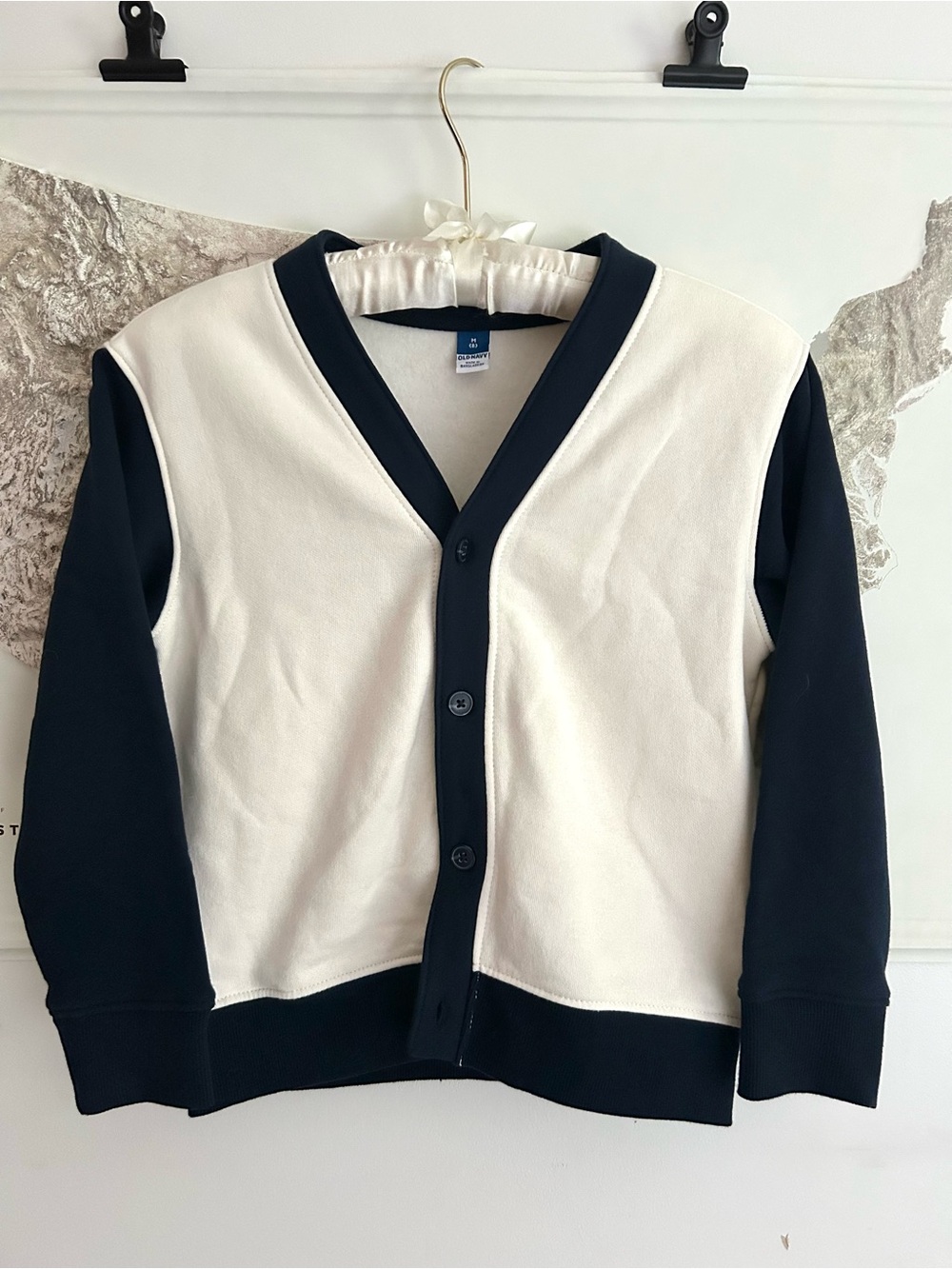 Kid’s Y2K-Inspired Two-Tone Navy and Cream Cardigan Sweater